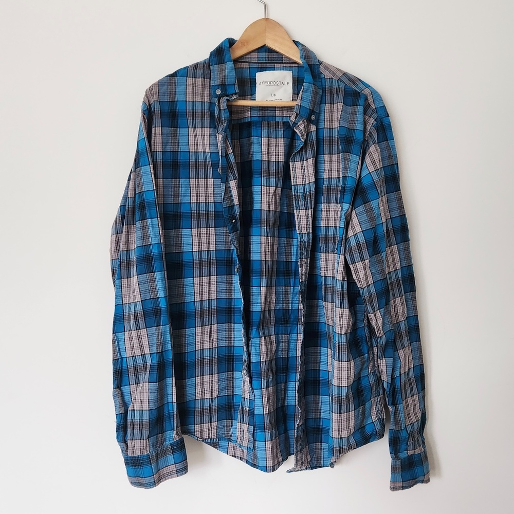 AEROPOSTALE Blue Plaid Button Down Shirt Gray Black Check Cotton Men's Large
